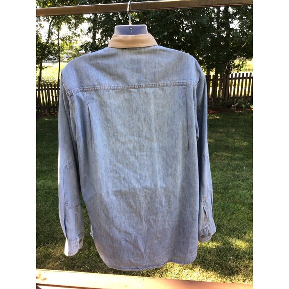 Woolrich Mens Denim Button-Up Shirt With Logo Embroidered On Chest & Beige Colla - Picture 6 of 9